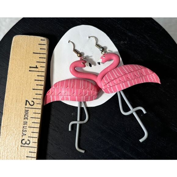 Flamingo Pierced Earrings‎ 1980's Pink and Gray Artisan Jewelry Fun - Picture 5 of 6